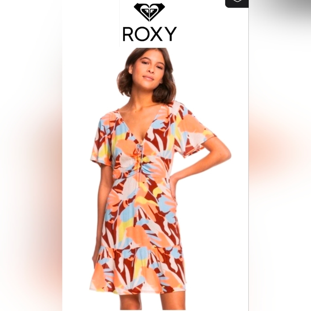 Roxy Summer Flow Printed Mini Dress - Brown/Peach/Blue - S